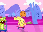 The character Cuddles on a skateboard escaping the chaser Nutty on an obstacle course in the Sweet Ride Skate game.