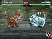 Screenshot of a turn-based battle in Mutant Fighting Arena showing two powerful, mutated creatures exchanging special attacks in an arena setting.