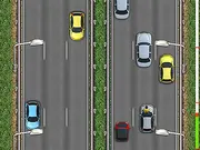 Gameplay screenshot of Freeway Fury 2 showing a character mid-air jumping between two high-speed cars on a crowded highway.