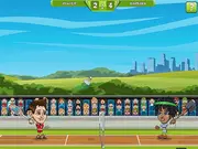 Badminton Legends free online game showing two cartoon athletes playing a fast-paced match on a court with a glowing power-up
