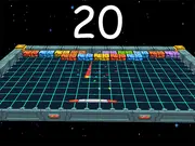 Galaxy Blaster free online game screenshot showing a neon-colored paddle deflecting a ball to break a wall of futuristic bricks in space