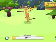Screenshot of Brainrot Evolution showing a bizarre meme-creature avatar in a colorful, destructible 3D environment with floating pets nearby.