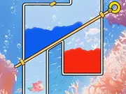 Screenshot of Pull the Pin Fish Rescue game showing a puzzle where a player needs to pull a series of pins to guide water to a stranded fish