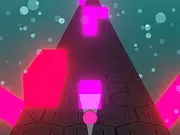 A screenshot of Neon Rush 3D showing a glowing blue block racing down a futuristic, multi-lane track surrounded by vibrant pink and green neon lights