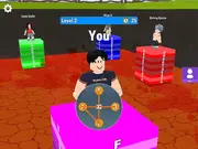 Words or Die game screen showing a character standing on a word-block tower high above rising red lava, with available letter tiles below