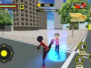 Screenshot of Stick Rope Hero free online action game, showing the stickman hero flying over the city skyscrapers.