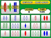 Gameplay screenshot of the All or None card game showing multiple geometric cards with different colors, shapes, and shadings