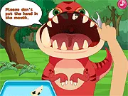 Dinosaur Dentist game screen, play free online dental care simulation game, fix broken dinosaur teeth in Jurassic Park, PlayArcadeHub