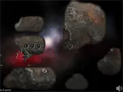Meteorite Defense TD online game screenshot – multiple defense turrets placed on large meteorites shooting lasers at incoming enemy spaceships in space