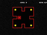 Screenshot of Slinger Red Square game, showing a minimalist grid-based maze with a red square, yellow key, and yellow exit door.
