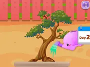 Screenshot of Blonde Sofia: Zen Bonsai game, showing Sofia carefully trimming a miniature bonsai tree in a peaceful, decorated garden setting.