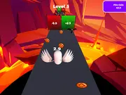 Screenshot of Escape from Hell: Runner game, showing a character sprinting down a narrow, fiery track with obstacles and small, red devils in a hellish environment.
