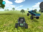Screenshot of Buggy Simulator Sandbox 3D, showing a vehicle airborne over a large hill with visible suspension and detailed car damage.