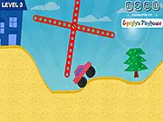 Sponge World Ride game screen showing a small cartoon car driving over colorful hills and obstacles in an underwater, bubbly environment. Play free driving game online.