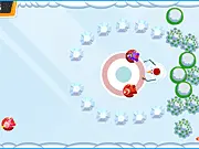 The main screen of Yeti Aim Fire! showing the friendly yeti character being launched over a snowy, platform-based obstacle course toward a final target zone.