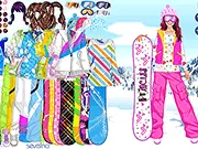A stylish girl wearing colorful snowboarding gear, including a helmet, jacket, and boots, standing on a snowy mountain slope