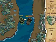 The title screen for Pirate's Conquest, featuring a formidable pirate ship under the command of Davy Jones sailing the Caribbean Sea to conquer a city.
