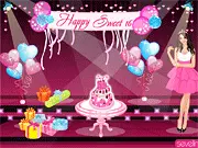 A decorative scene from the Miley Cyrus Sweet 16 Party Online game, showing various party decorations, furniture, and celebrity-themed accessories.