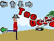 Screenshot of McPixel vs. Congress showing the pixelated hero dancing in front of a caricature of the US Capitol building.