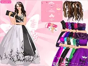 Miley Cyrus Dress Up game screenshot, showing the celebrity pop star ready to be styled with a selection of dresses, shoes, and accessories