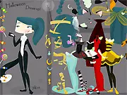 Anime style character in the Halloween Lashes Dress-Up game wearing dramatic makeup, long eyelashes, and a spooky costume against a festive background