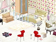 Luxury Bedroom Designer online game screenshot – a beautifully decorated virtual bedroom with a large bed, stylish furniture, and elegant lighting