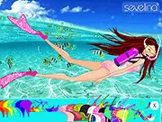 A girl dressed in colorful, stylish scuba diving gear, including a mask and fins, ready to dive underwater in the free dress-up game