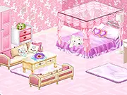 My Pink Room design game screenshot, showing a decorated bedroom with pink walls, furniture, and decorative items.