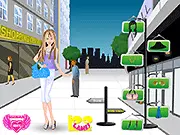 Screenshot of Hannah Montana Shopping dress up game showing the celebrity with various clothing options in a mall setting, free online celebrity fashion game.