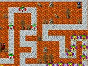 Gameplay screenshot of Clown Super Attack TD, showing defensive turrets shooting projectiles at a massive wave of marching clowns trying to pass through a maze-like path.