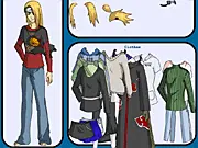 Deidara from the Naruto series in a dress-up game interface, featuring options for changing his Akatsuki robes and blonde ninja warrior hairstyle