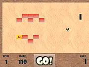 Gameplay screenshot of Outkrek showing a paddle, a bouncing ball, and various colored bricks, including special power-up bricks.