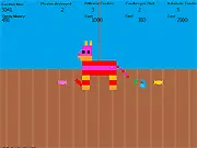 Cartoon image of a brightly colored piñata being smashed with a stick, surrounded by cascading candies and showing an in-game upgrade menu