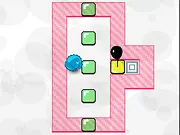 Screenshot of the Nudge puzzle online game, showing a block being slid towards a goal on a grid with moving obstacles.