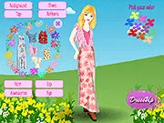 The character model wearing a brightly colored floral summer dress and matching accessories in the free online game My Flowery Dressup.