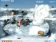 Screenshot of Rudolph! free arcade game showing the reindeer jumping over a trap in a snowy, Christmas-themed level while trying to collect lost presents.