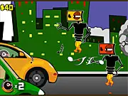Screenshot of the free online action game GoBoom! showing a car shooting missiles at strange monsters and creatures on the road