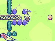 Screenshot of the free online game Thorvald, showing the hero using a fiery weapon to burn a green plant obstacle in a forest setting