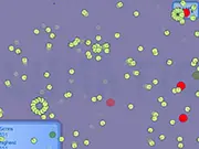 Screenshot of the Lunatic arcade game showing a small central ship dodging a chaotic field of green circular projectiles scattering from multiple explosions