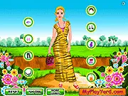 A girl character wearing a flowing, floral-patterned dress, harmonizing with the lush green valley background in the Green Valley Girl Dress Up game