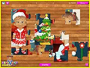 Screenshot of Baby Daisy Christmas Night jigsaw puzzle game, showing Baby Daisy near a Christmas tree, play free online puzzle