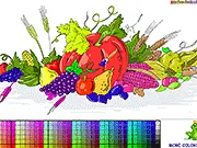 Autumn Harvest Coloring Page online game featuring fruits, vegetables, and fall harvest items