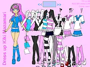 Kiki Dress Up game screen showing the cheerful character Kiki in a stylish, user-designed fashion outfit