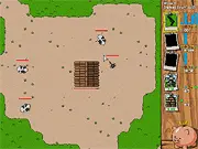 Gameplay screenshot of Cowter Strike showing defense bunkers and towers protecting a house from an invading horde of cows.