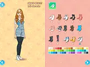 Screenshot of the Cool Poster Maker game interface showing a partially decorated character in a unique outfit against a colorful abstract background