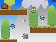 Gameplay screenshot of SkyWheels showing a yellow ball on a rotating platform structure floating in space, with the goal exit visible.