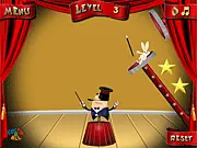 Game screenshot of Moustachini: The Rabbit Show Man, showing the showman and a rabbit navigating a colorful, star-collecting challenge stage on PlayArcadeHub.