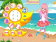 Screenshot of Comic Beach Girl Dressup game showing a smiling girl in a fashionable summer dress and accessories on a sunny beach