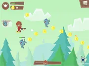 Woodsman Joe flying with a jetpack and shooting at a robot beaver army in the free online game Woodsman Strikes Back on PlayArcadeHub