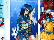 Screenshot of Nimini Dress Up game interface showing the character Nimini with various clothing options, hairstyles, and accessories displayed for selection.